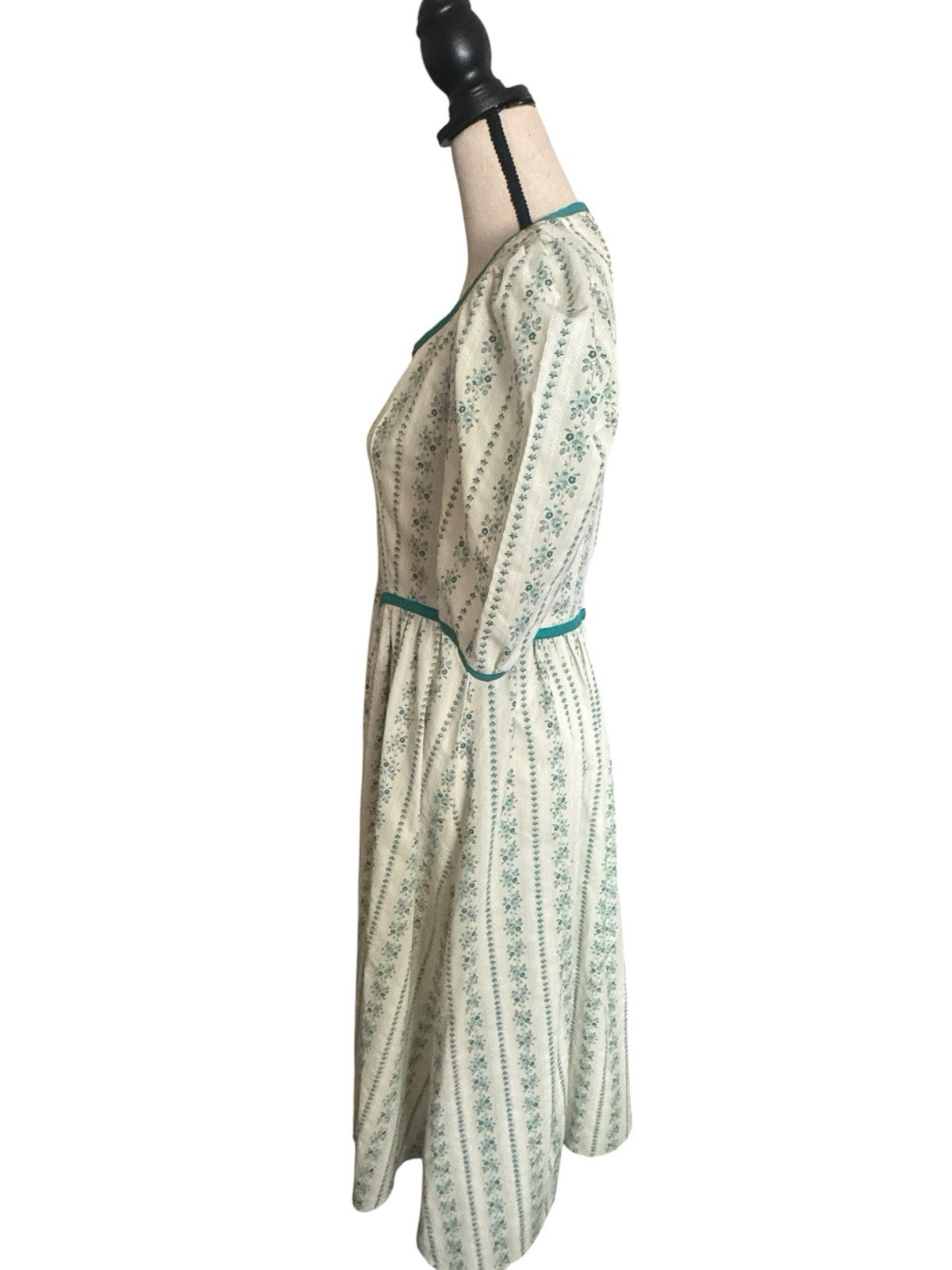 Handmade Women’s German Dirndl Dress Green Floral Striped Puff Sleeve S