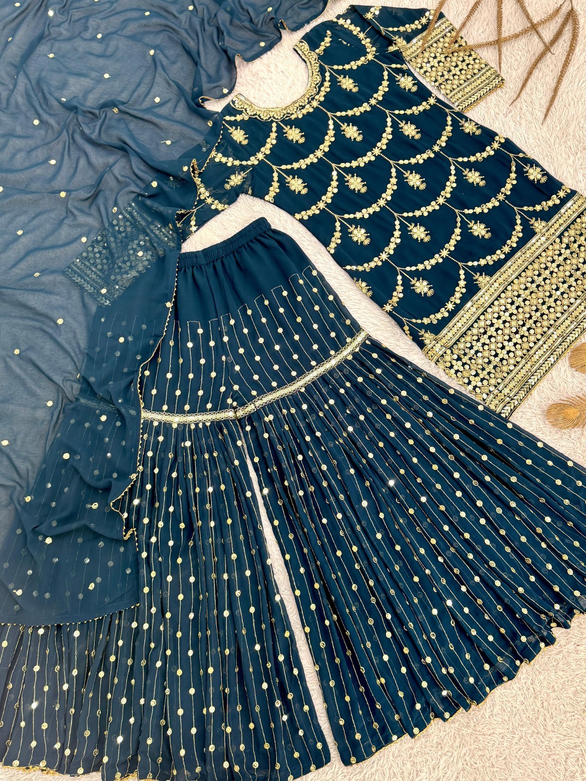 Teal Blue Sharara Suit Heavy Embroidery Indian Party Bridal Wear Dupatta Set