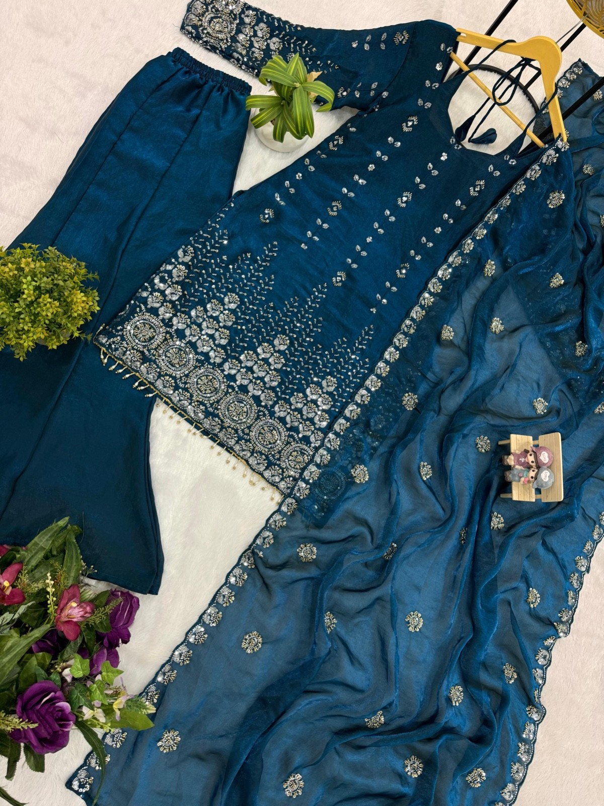 Women’s Fendy Satin Kurti Palazzo Set with Dupatta Embroidered Beads Work