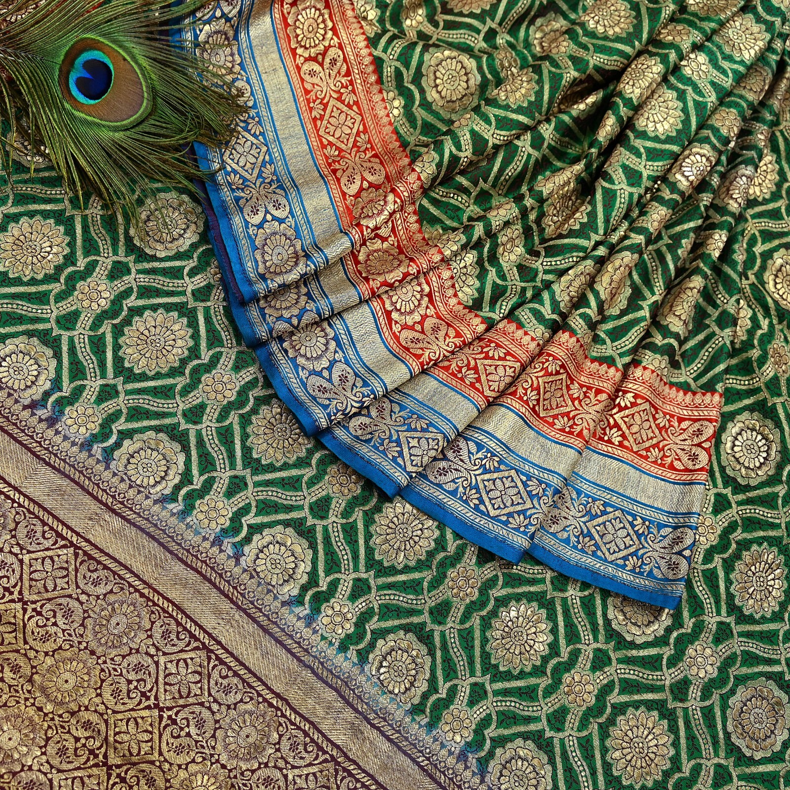 Antique Vintage Heavy Sari Green Pure Satin Silk Hand Woven Banarasi Sarees 5yd