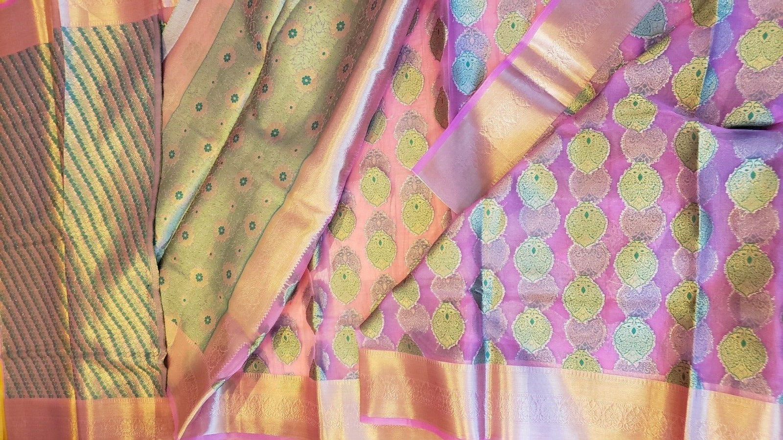 Organza Banarasi Saree Pink Zari Woven Brocade Unstitched Blouse Party Wear