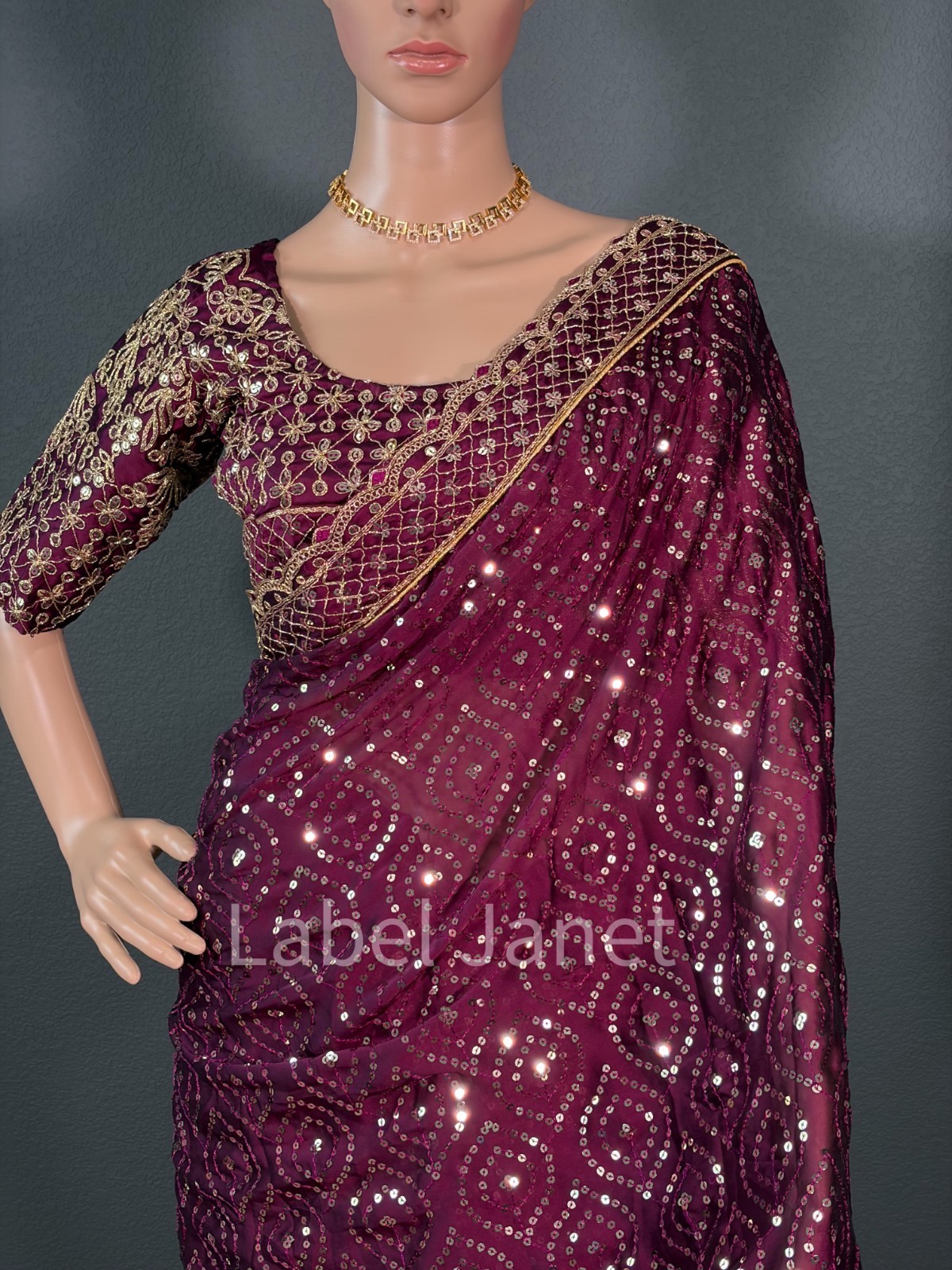 Wine Purple Sequin Party Wear Saree with Stitched Blouse (36-42″)