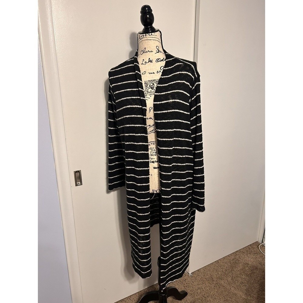 Lane Bryant Cardigan 14/16 Black White Striped Longline Duster Open Front