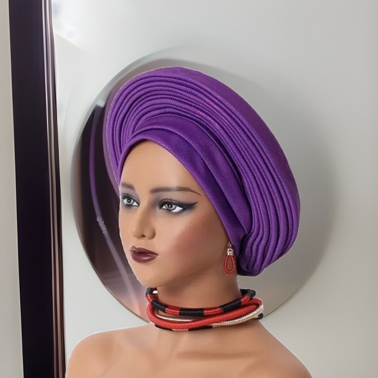Purple African Headtie Auto Gele, Nigeria Turban wrap (Jewelry Not Included)