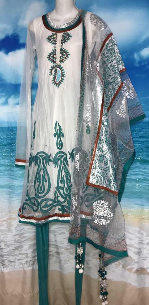 White Teal Silver CHURIDAR KAMEEZ 32″ Bust 3 pc S New Pretty Punjabi Salwar Suit