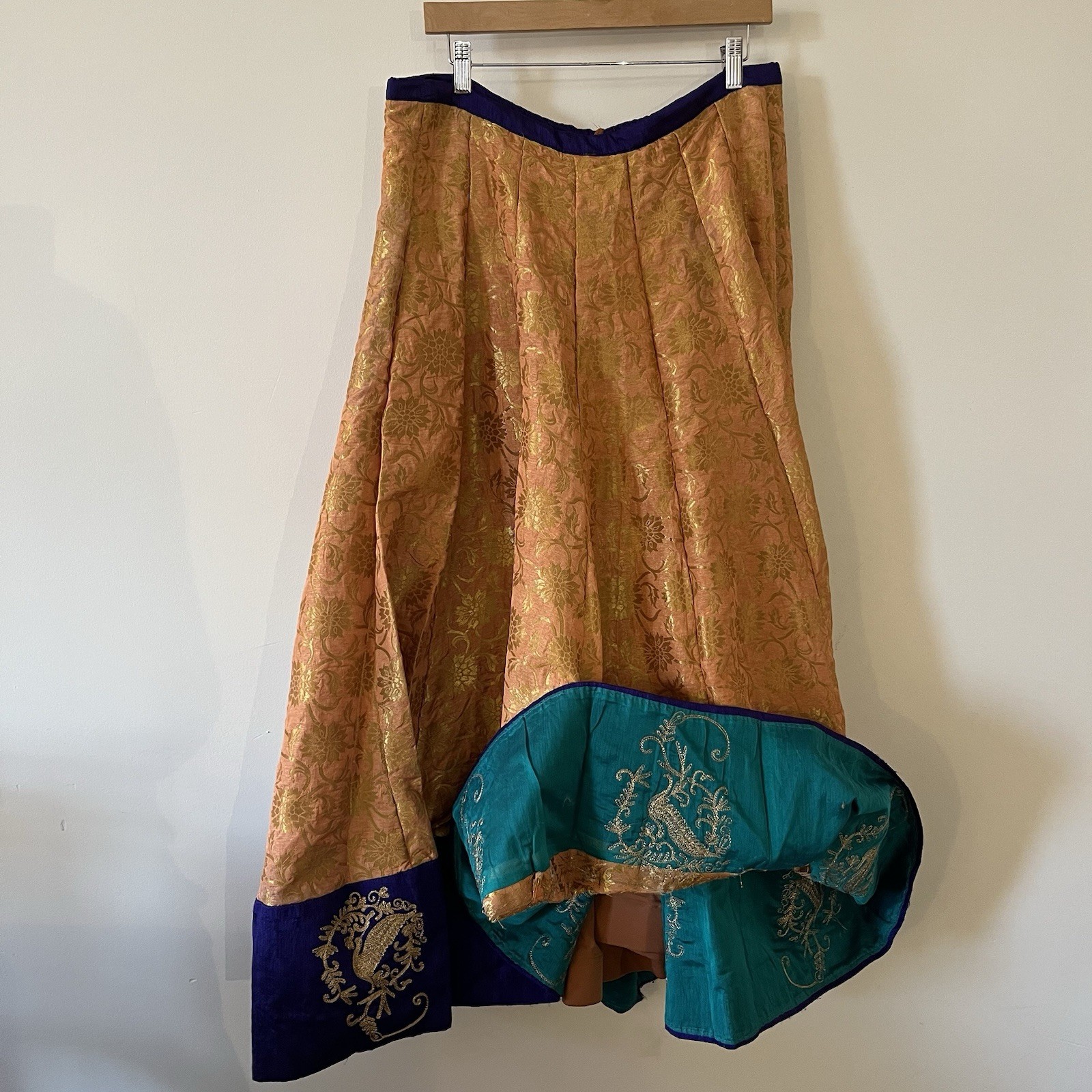 Vintage Silk Brocade Lehenga Choli Set Gold Peach Purple Teal Lined Skirt Zari