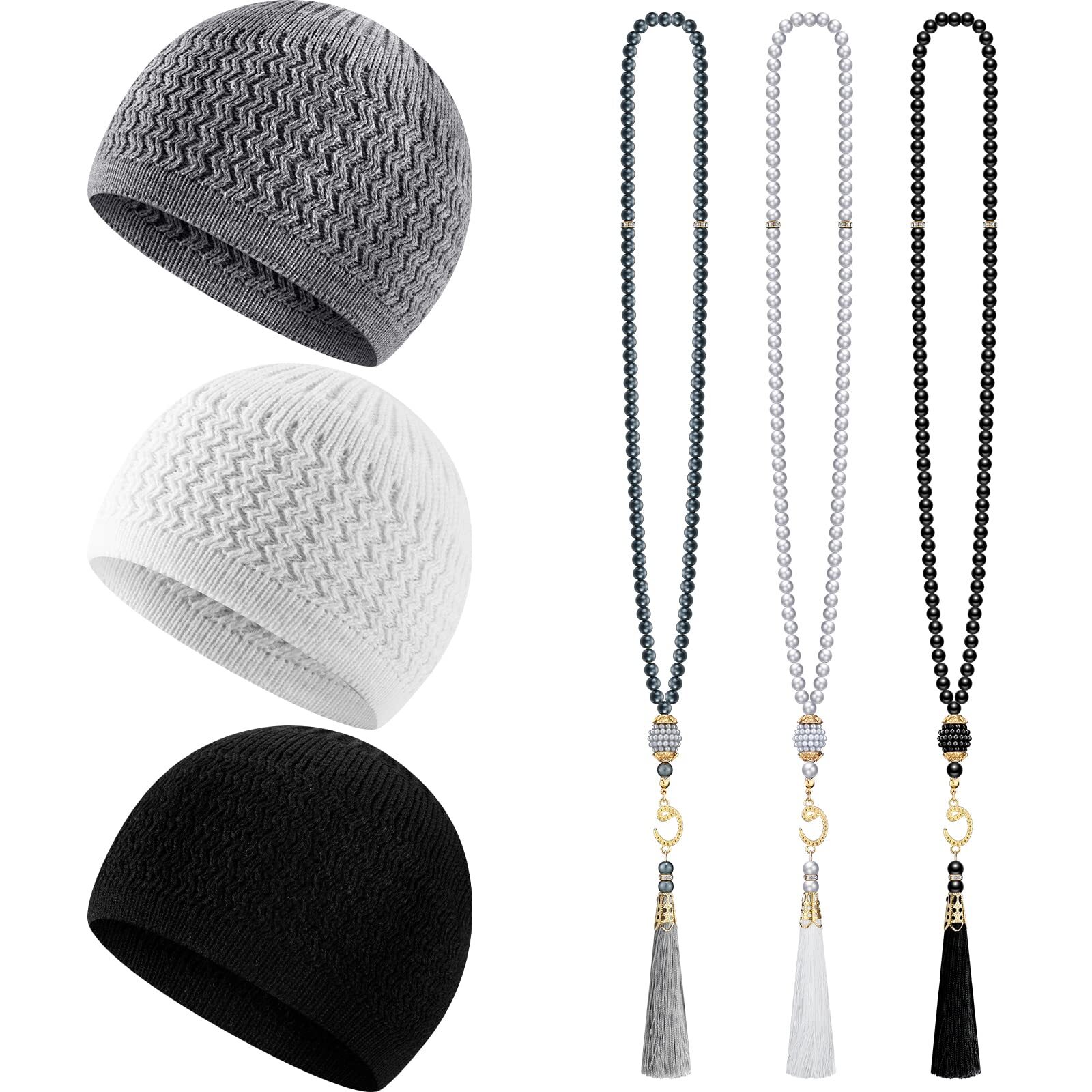 6 Pieces Kufi Hats for Men Muslim and Muslim Prayer Beads Set 3 Handicraft Kn…