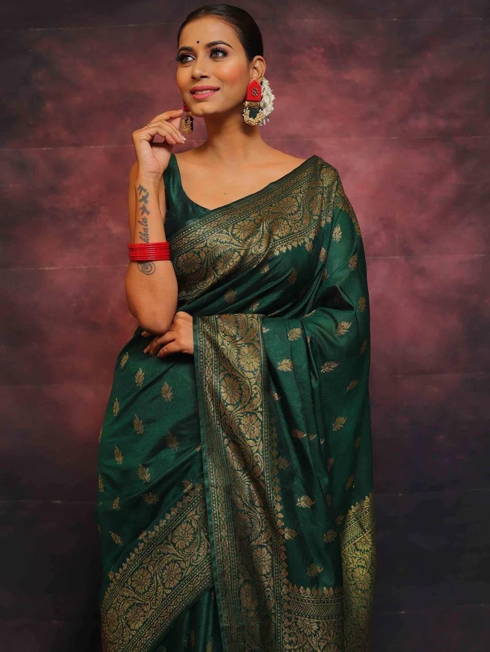 Wedding Wear Green Lichi Silk Saree with Golden Jacquard Pallu & Indian Blouse